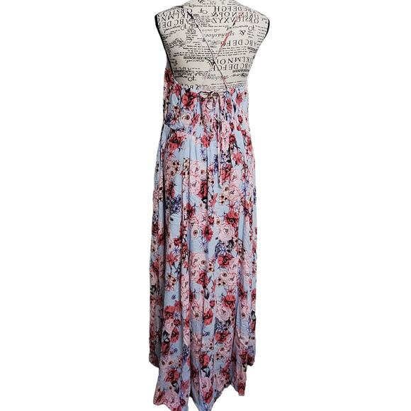 Listicle Blue Pink Floral Maxi Dress Strappy Button Front Pockets  Large - Picture 2 of 11